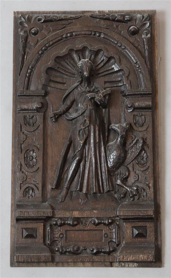 A 17th century German oak carved panel, 16 x 9.5in.